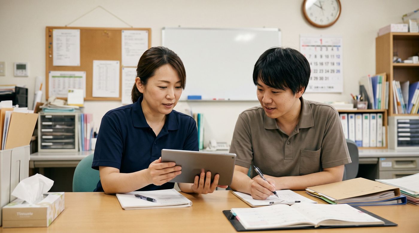 介護事業所でタブレットを確かめる職員