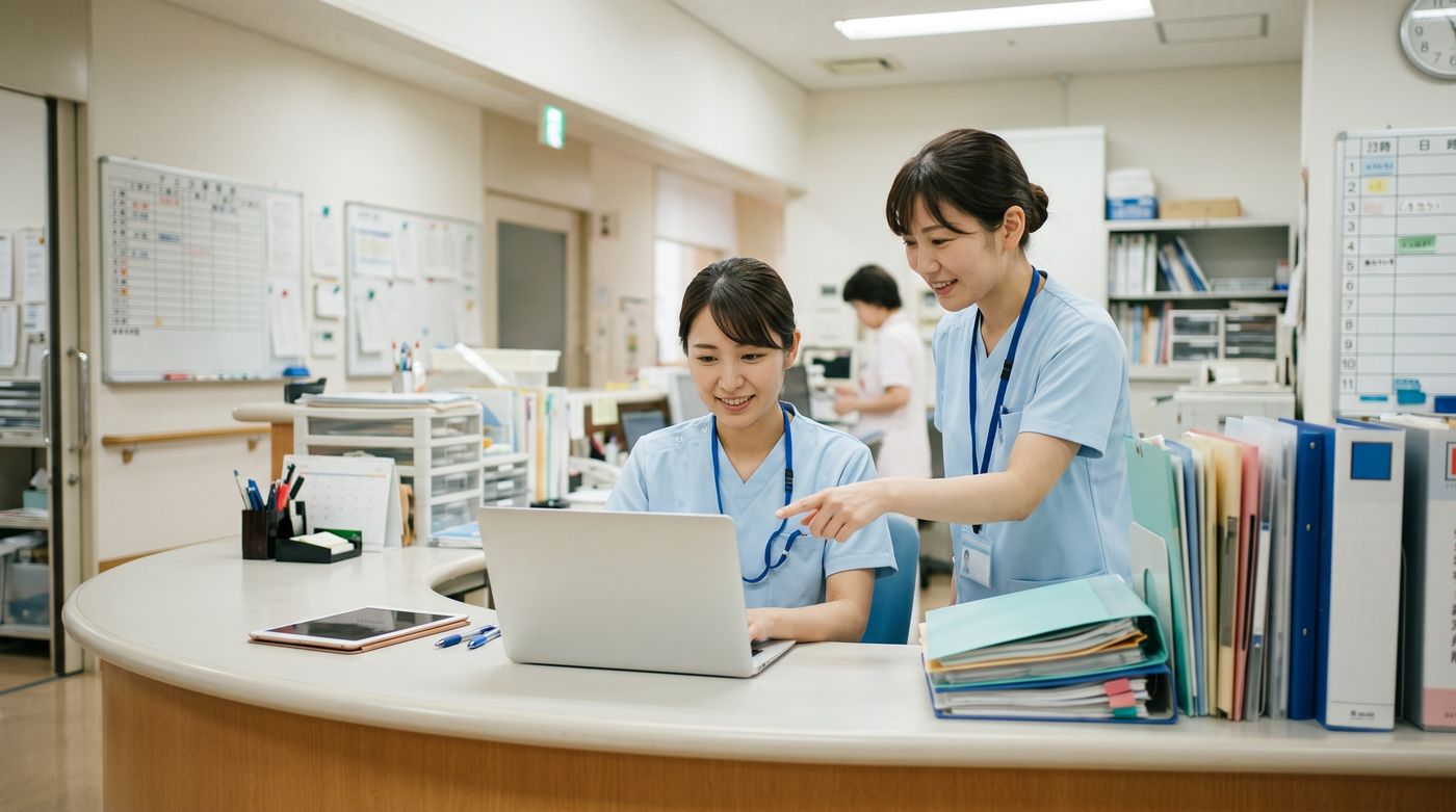 ナースステーションでノートパソコンの予定を一緒に確かめる看護師