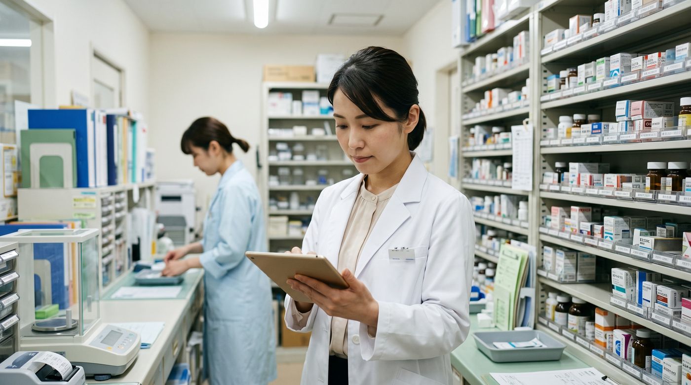 薬局でタブレットの連絡を確かめる薬剤師