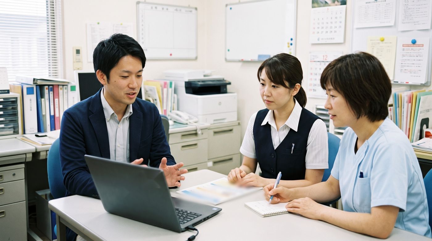 クリニックの事務室で使い方の説明を受ける職員
