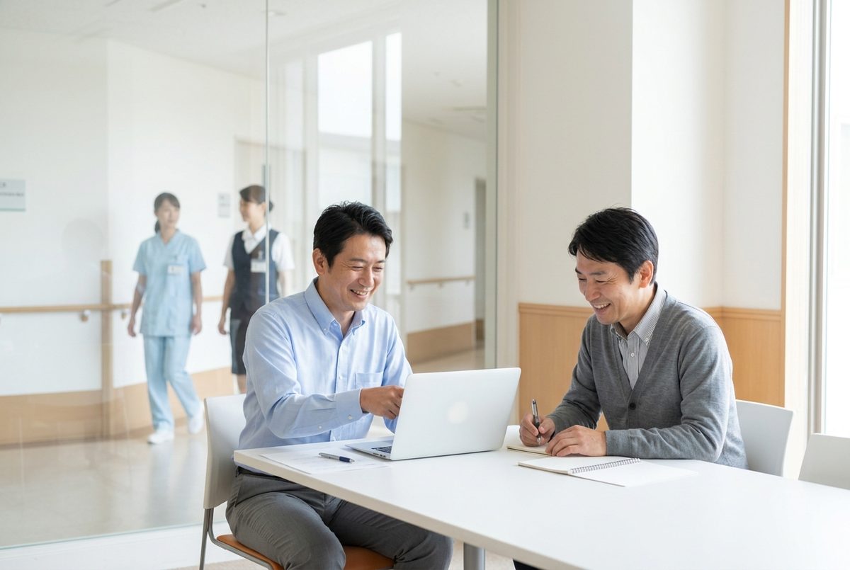 病院の会議室で打ち合わせをする様子