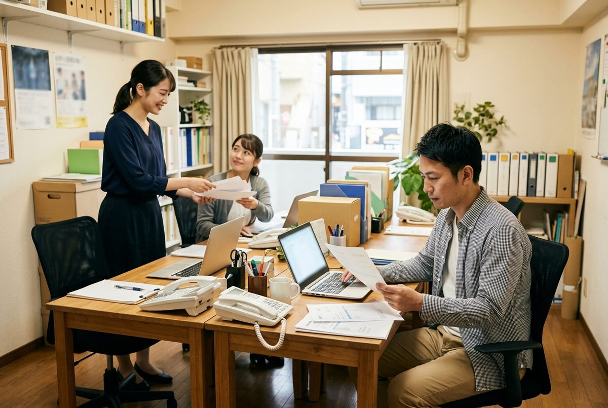 小さな事務所で請求書とパソコンを見比べる従業員