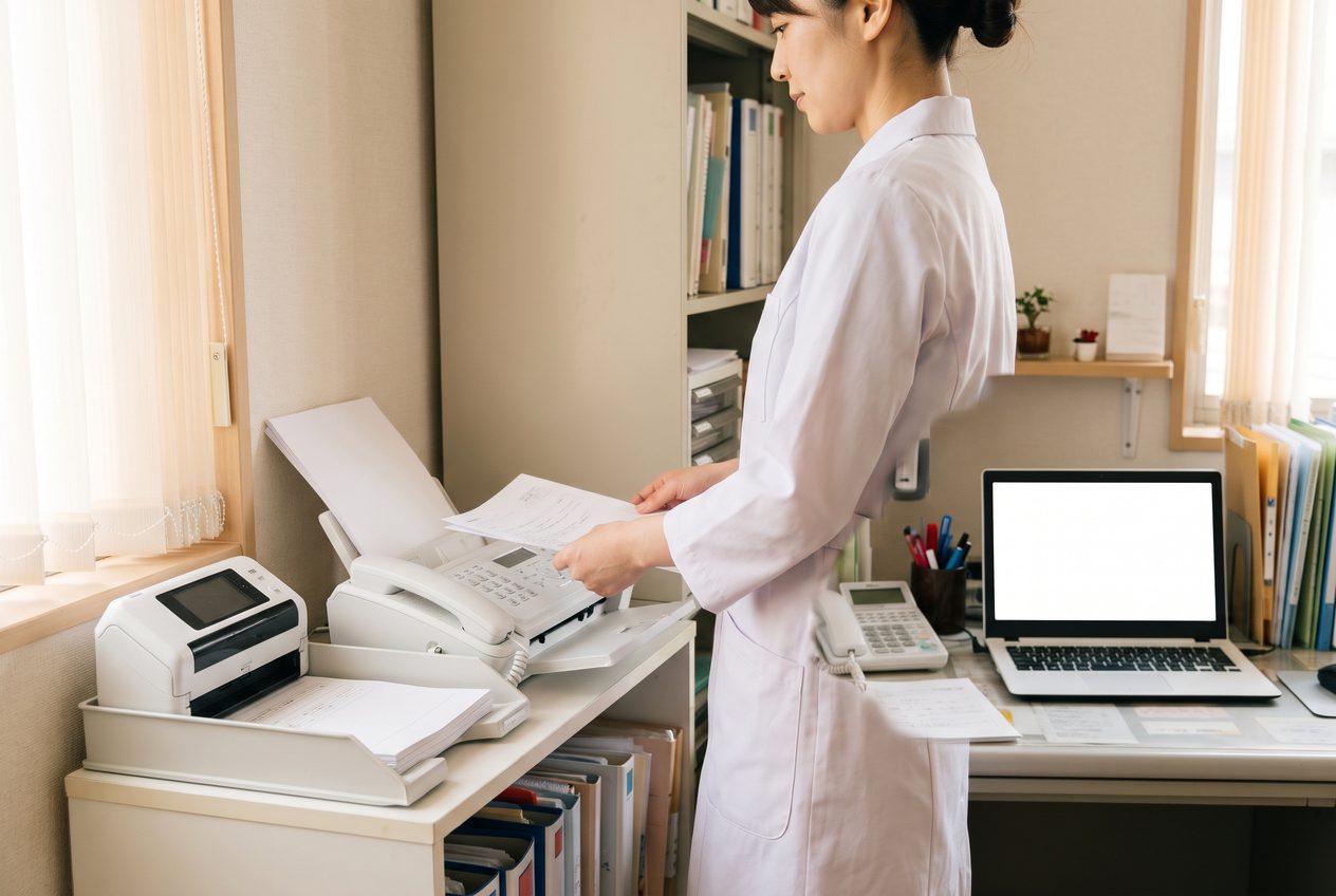 クリニックの事務室で、職員が FAX で届いた書類を受け取っている様子