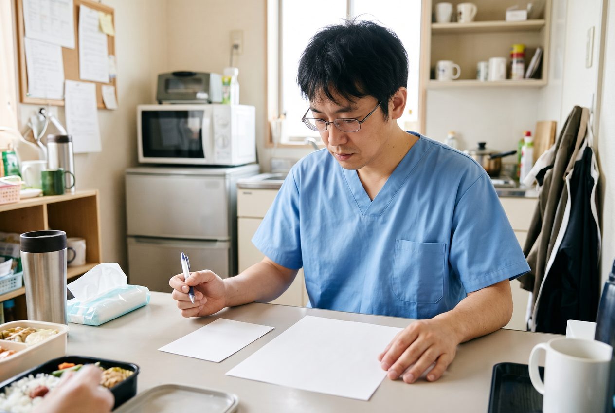クリニックの休憩室で、職員が控除証明書と申告書を見比べて記入する様子