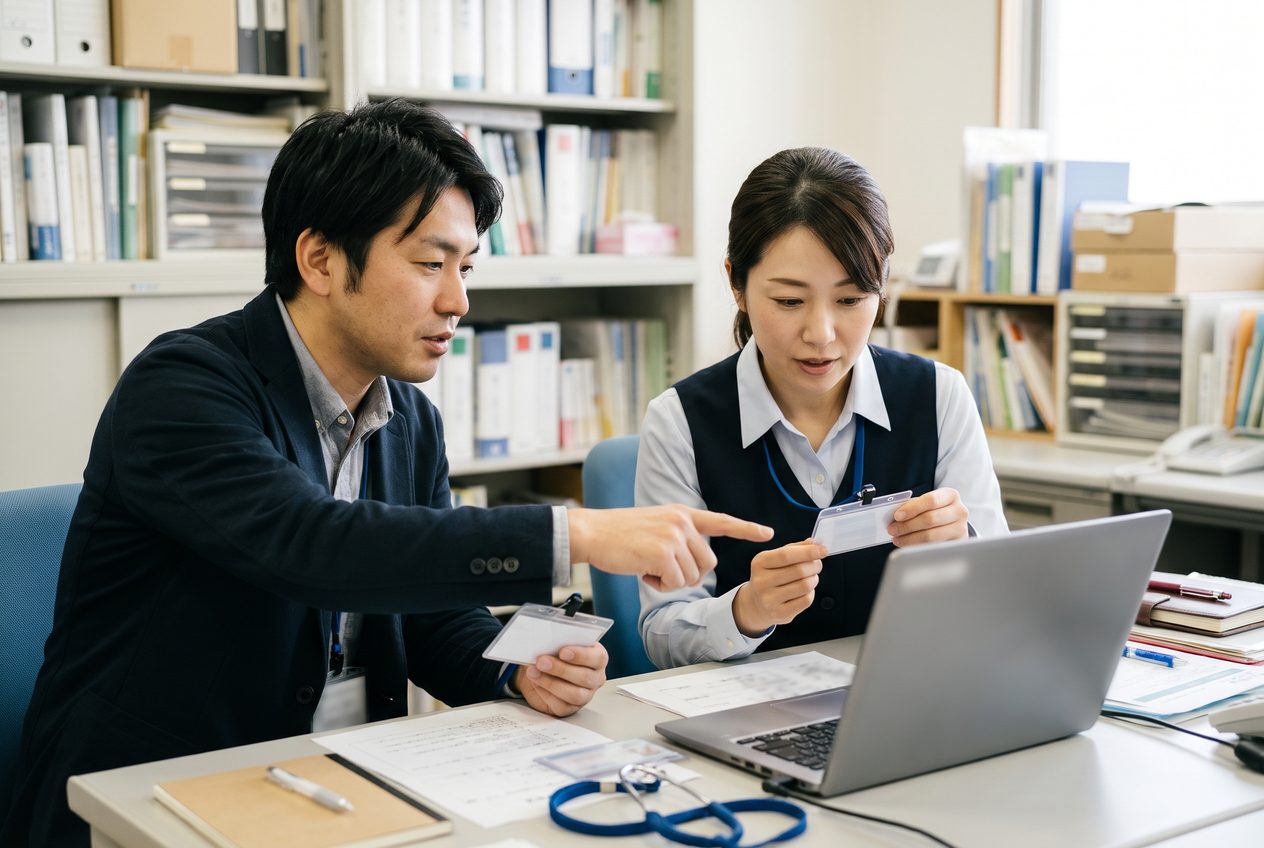 事務室で、職員2名が IDカードとノートパソコンの画面を見比べて確かめる様子