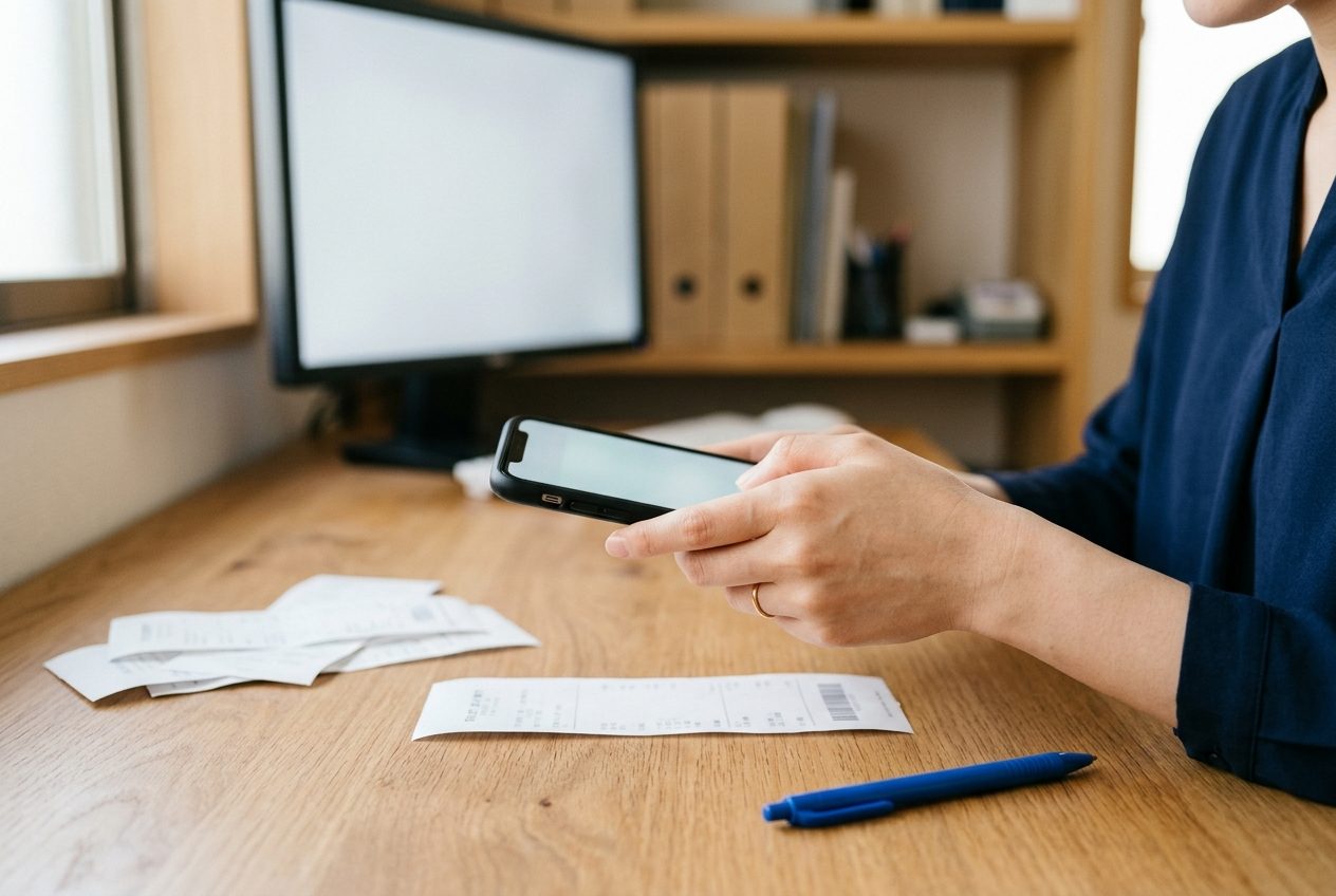 机の上の領収書を、スマートフォンで撮影する手元