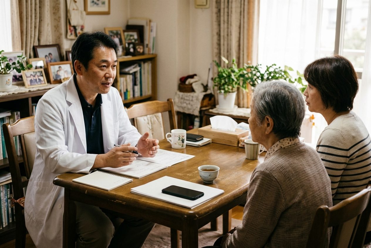 訪問診療で、医師が患者様とご家族の話を伺う様子（机の上にスマートフォン）
