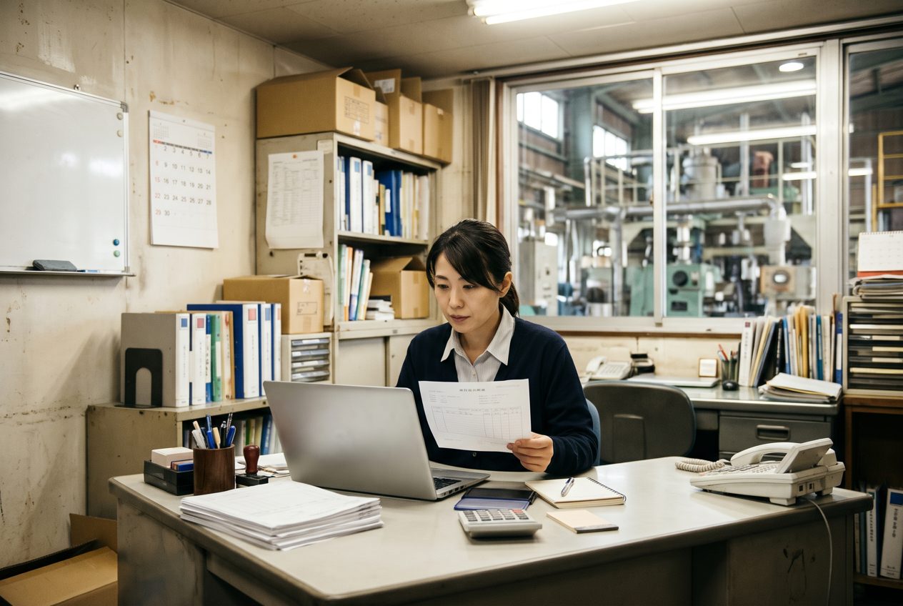 工場の事務所で、事務の担当者が発注書とノートパソコンを見比べる様子