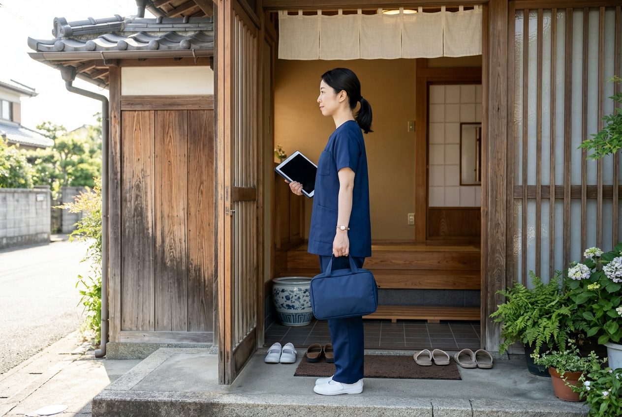 訪問看護師がタブレットと鞄を持ち、患者様のお宅の玄関に立つ様子