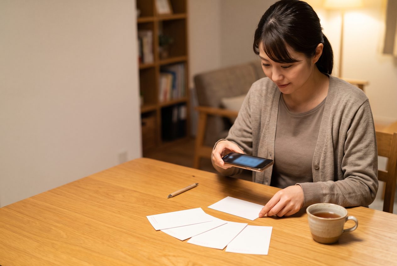 自宅のテーブルで、保険の控除証明書をスマートフォンで撮影する様子