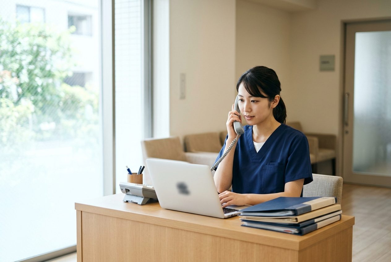 クリニックの受付で、事務職員が電話に応じながらパソコンを確かめる様子