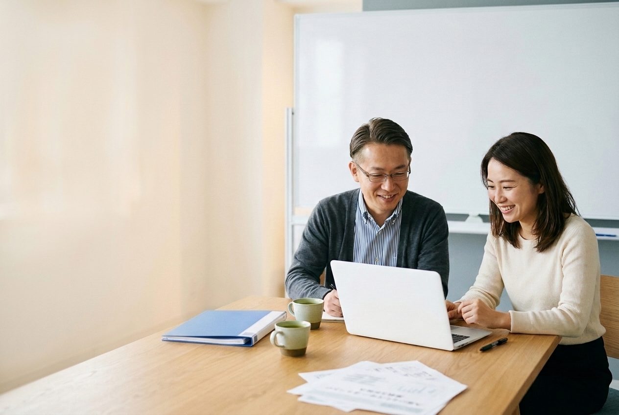 小さな会社の打ち合わせの席で、事務の担当者と相談役が1台のノートパソコンを一緒に見る様子