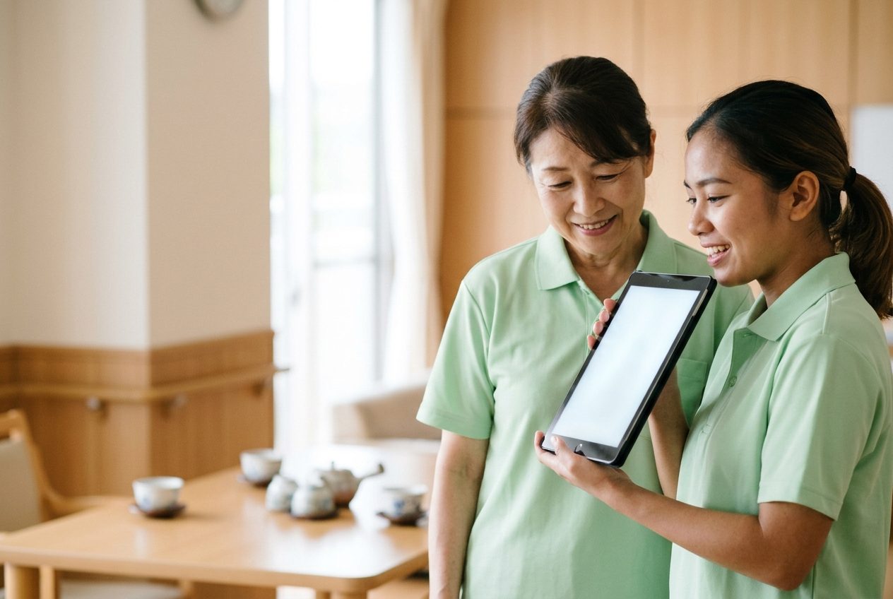 介護施設の食堂で、外国籍の若い職員がタブレットに話しかけ、隣のベテランの職員が画面を見てうなずく様子