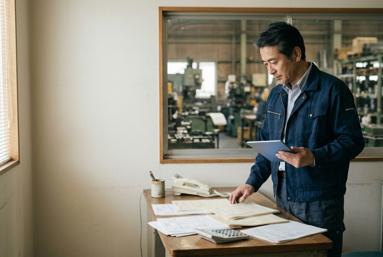 金属加工の工場の事務所で、経営者が机に広げた形の違う発注書を見ながらタブレットを持つ様子