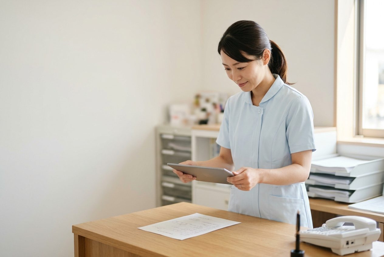 病院の地域連携室で、事務の職員が机の上の書類をタブレットで撮影する様子