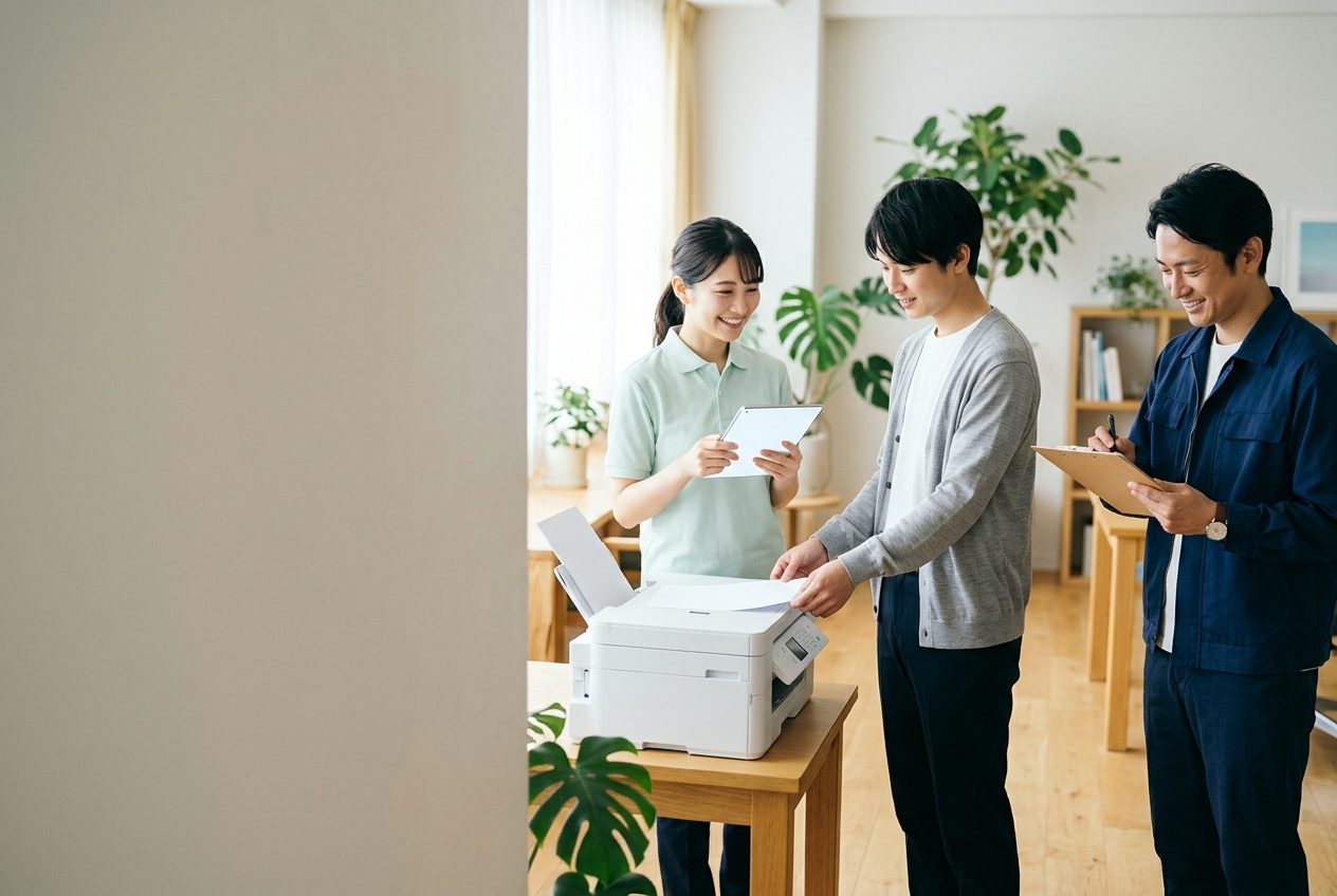 明るい事務所で、介護職員がタブレットに話しかけ、事務の職員が複合機に紙を置き、工場の作業員が記録用紙を確かめる様子