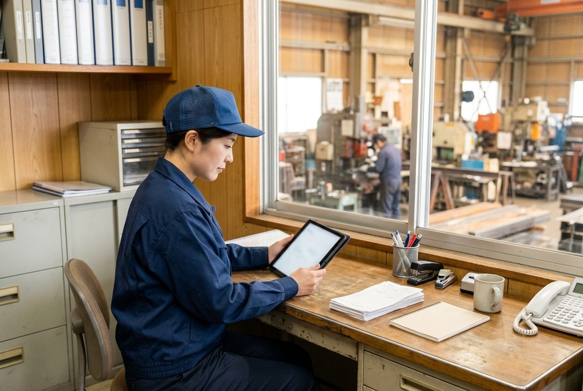 工場の事務スペースでタブレットを確かめる従業員