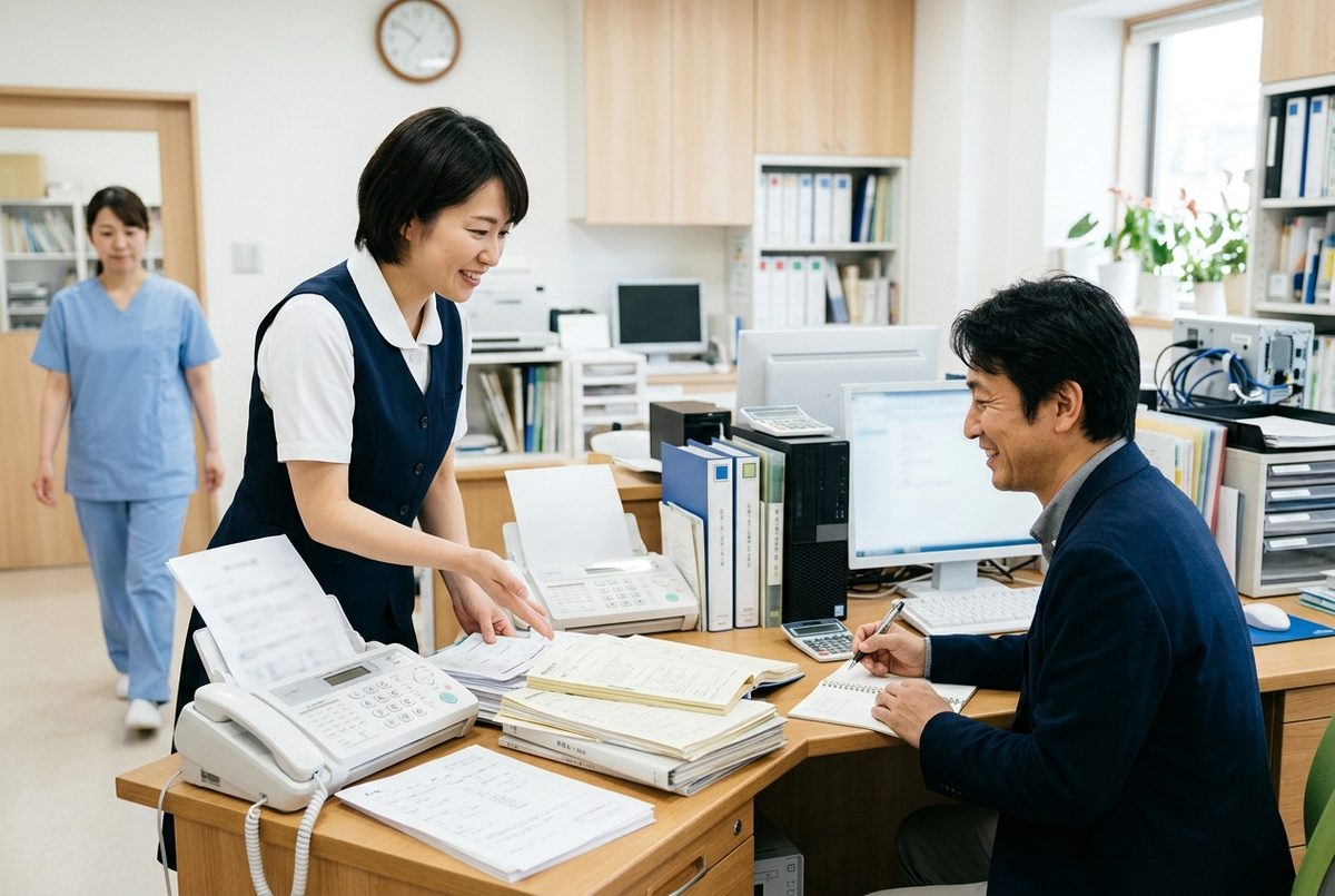病院の事務室で、紙の書類について相談を受ける様子