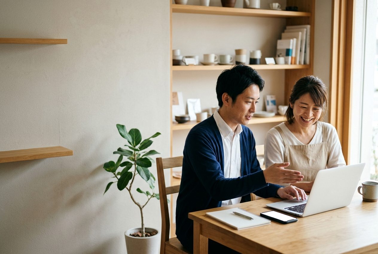 小さなお店の事務所で、店主と IT の担当者が並んでパソコンの画面を確かめる様子